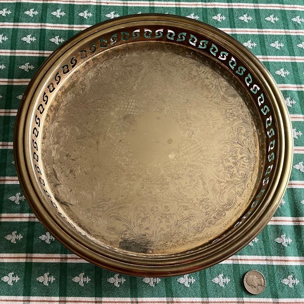 Silver Plate on Copper Round Tray Filigree and Etched Decoration 12.5” Diameter